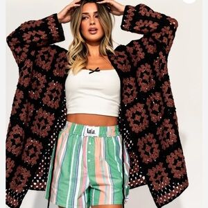 Dressed in LALA Black and Brown Crochet Cardigan